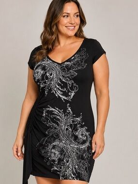 Vintage Cache Black Silver Scroll Ruched  Side Tie Dress-Size L y2k